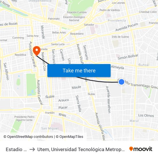 Estadio Nacional to Utem, Universidad Tecnológica Metropolitana. Escuela De Arquitectura map