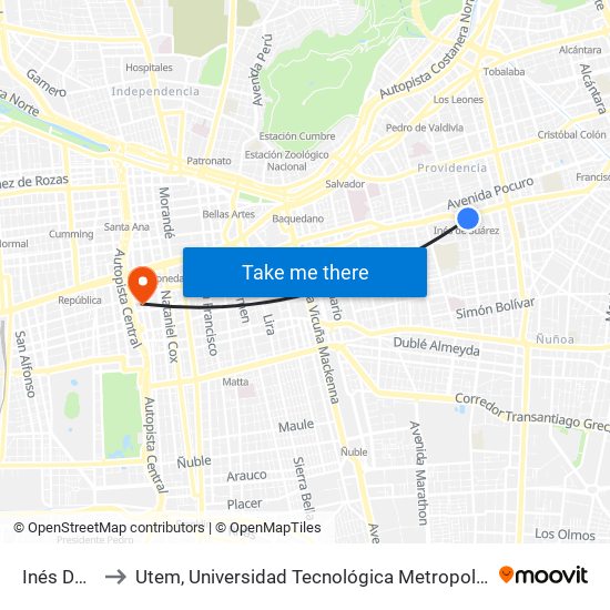 Inés De Suárez to Utem, Universidad Tecnológica Metropolitana. Escuela De Arquitectura map