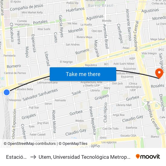 Estación Central to Utem, Universidad Tecnológica Metropolitana. Escuela De Arquitectura map
