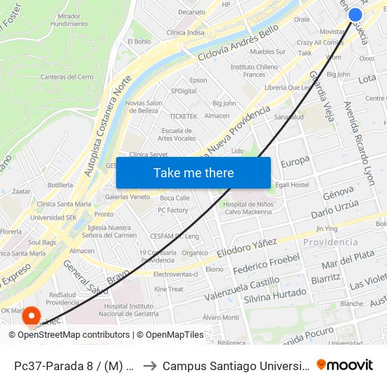 Pc37-Parada 8 / (M) Los Leones to Campus Santiago Universidad De Talca map