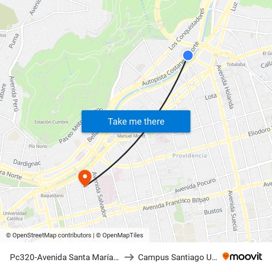 Pc320-Avenida Santa María / Esq. Puente Los Leones to Campus Santiago Universidad De Talca map