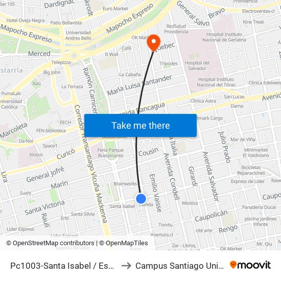 Pc1003-Santa Isabel / Esq. Avenida Seminario to Campus Santiago Universidad De Talca map