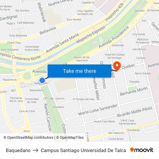 Baquedano to Campus Santiago Universidad De Talca map