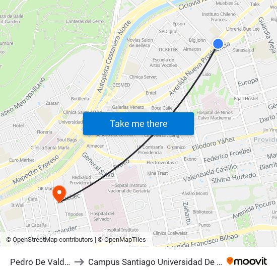 Pedro De Valdivia to Campus Santiago Universidad De Talca map