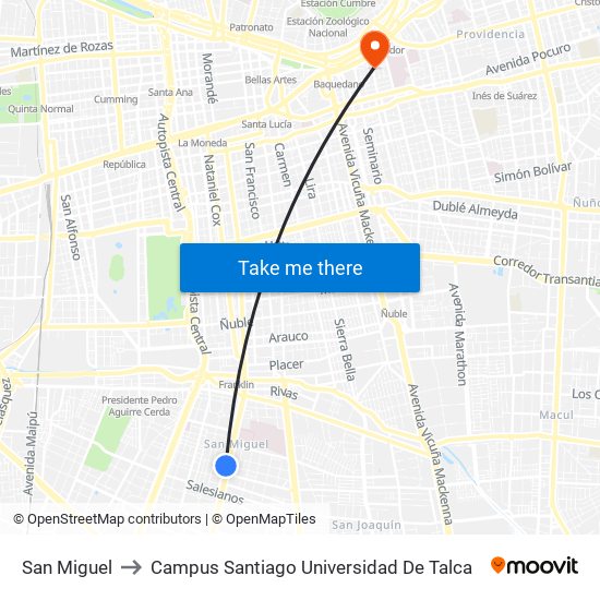 San Miguel to Campus Santiago Universidad De Talca map