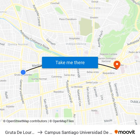 Gruta De Lourdes to Campus Santiago Universidad De Talca map