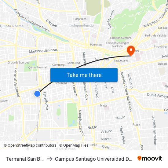 Terminal San Borja to Campus Santiago Universidad De Talca map