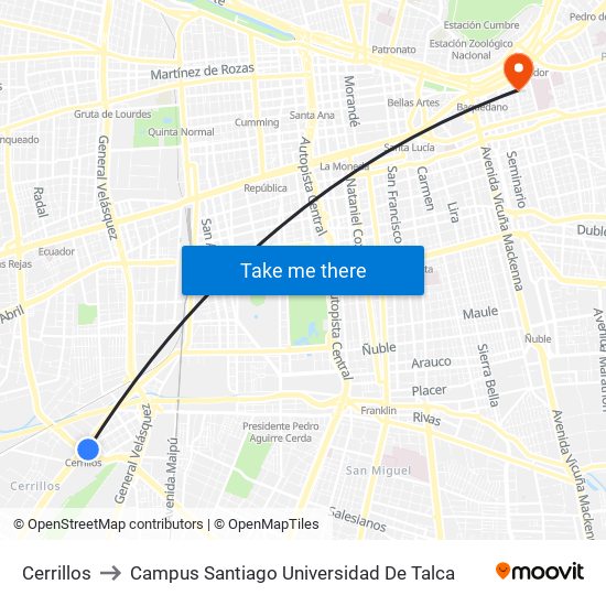 Cerrillos to Campus Santiago Universidad De Talca map