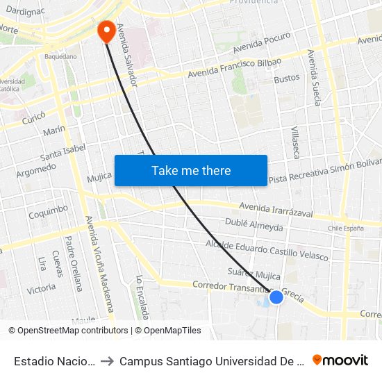 Estadio Nacional to Campus Santiago Universidad De Talca map