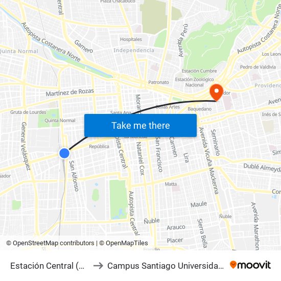 Estación Central (Anden1) to Campus Santiago Universidad De Talca map