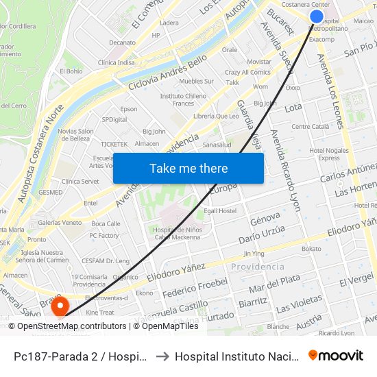 Pc187-Parada 2 / Hospital Metropolitano to Hospital Instituto Nacional De Geriatría map
