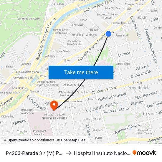 Pc203-Parada 3 / (M) Pedro De Valdivia to Hospital Instituto Nacional De Geriatría map