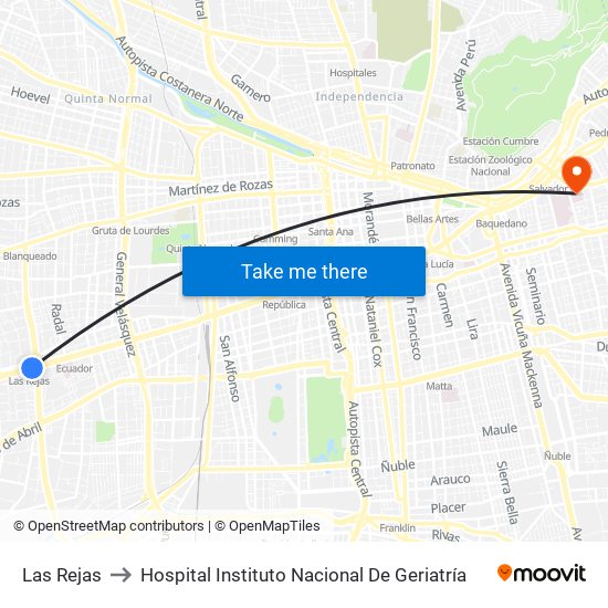 Las Rejas to Hospital Instituto Nacional De Geriatría map