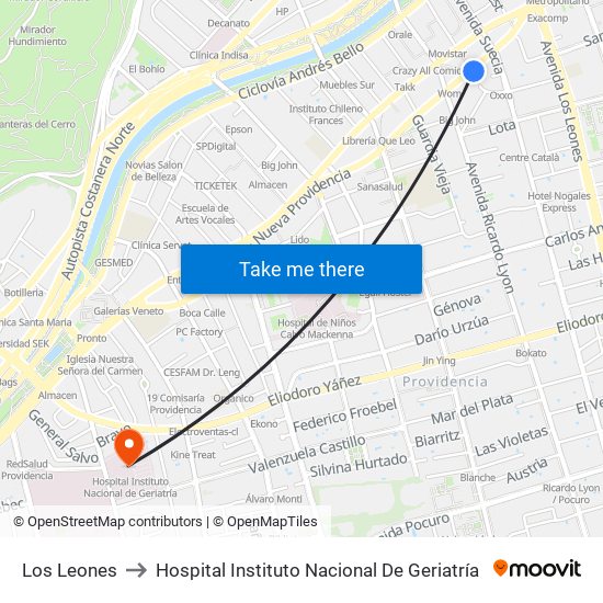 Los Leones to Hospital Instituto Nacional De Geriatría map