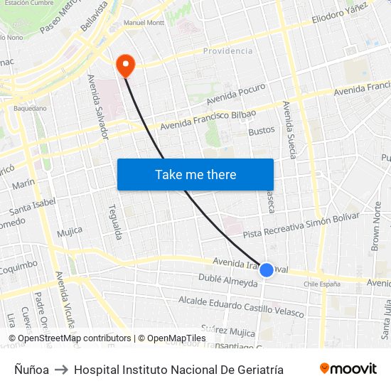 Ñuñoa to Hospital Instituto Nacional De Geriatría map