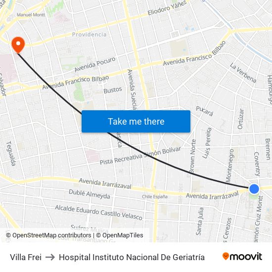 Villa Frei to Hospital Instituto Nacional De Geriatría map