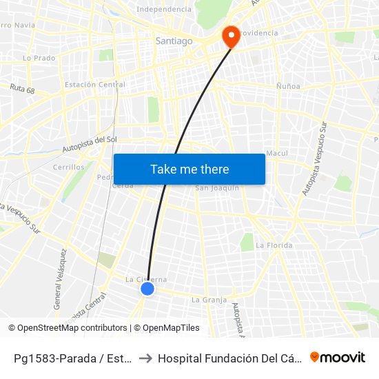 Pg1583-Parada / Est. Intermodal La Cisterna to Hospital Fundación Del Cáncer Arturo López Pérez Falp map