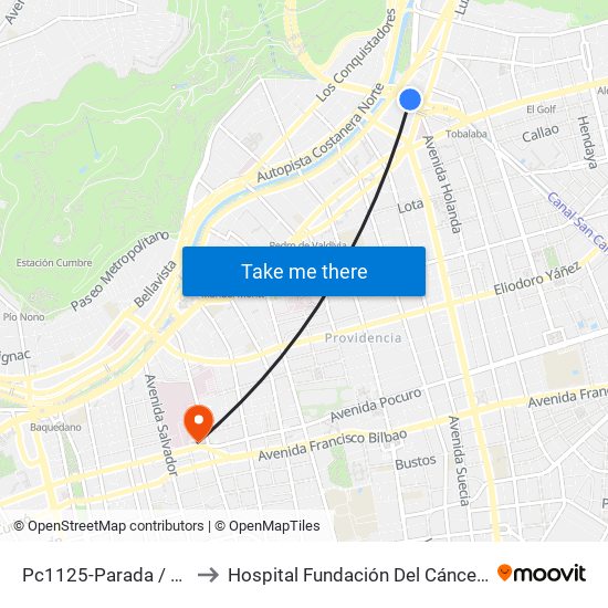 Pc1125-Parada / Costanera Center to Hospital Fundación Del Cáncer Arturo López Pérez Falp map