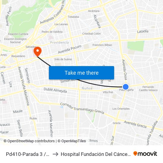 Pd410-Parada 3 / (M) Plaza Egaña to Hospital Fundación Del Cáncer Arturo López Pérez Falp map