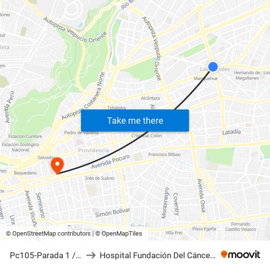 Pc105-Parada 1 / (M) Manquehue to Hospital Fundación Del Cáncer Arturo López Pérez Falp map