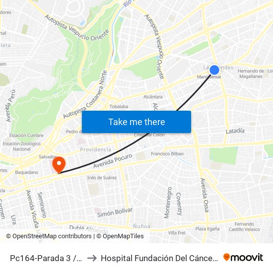 Pc164-Parada 3 / (M) Manquehue to Hospital Fundación Del Cáncer Arturo López Pérez Falp map