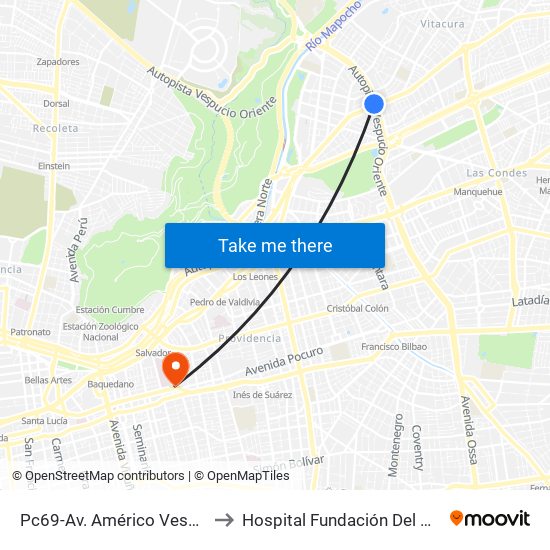 Pc69-Av. Américo Vespucio / Esq. Avenida Vitacura to Hospital Fundación Del Cáncer Arturo López Pérez Falp map