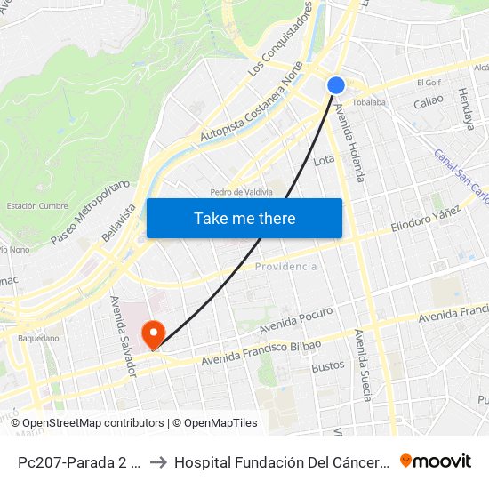 Pc207-Parada 2 / (M) Tobalaba to Hospital Fundación Del Cáncer Arturo López Pérez Falp map