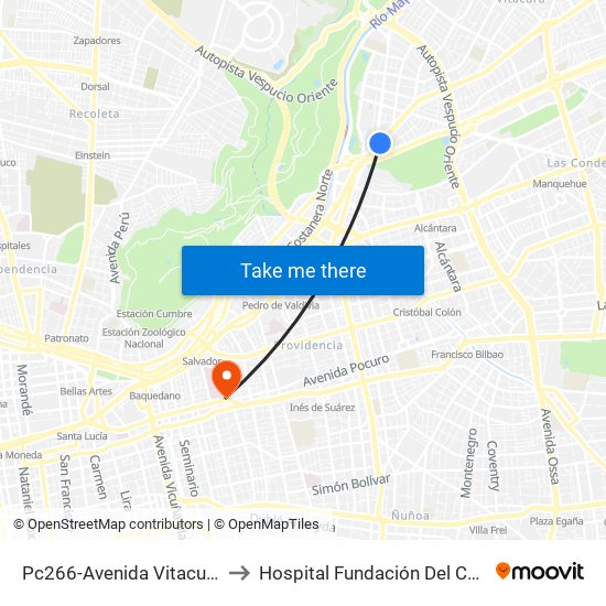 Pc266-Avenida Vitacura / Esq. Nueva Costanera to Hospital Fundación Del Cáncer Arturo López Pérez Falp map