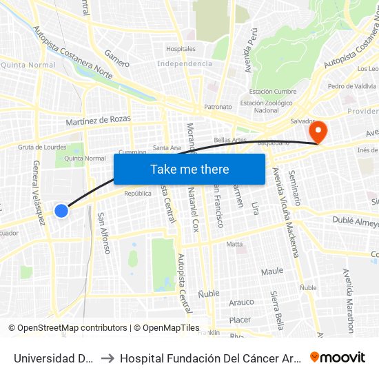 Universidad De Santiago to Hospital Fundación Del Cáncer Arturo López Pérez Falp map