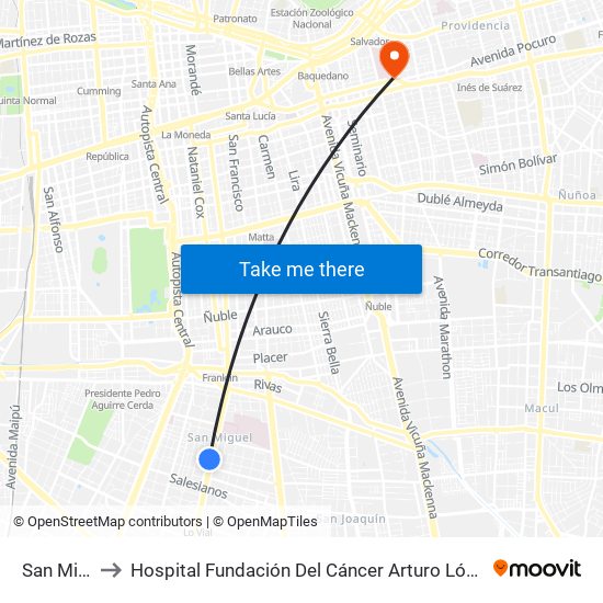 San Miguel to Hospital Fundación Del Cáncer Arturo López Pérez Falp map