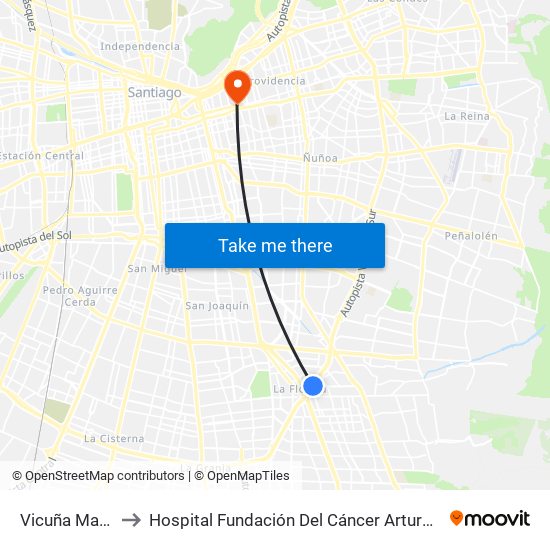 Vicuña Mackenna to Hospital Fundación Del Cáncer Arturo López Pérez Falp map