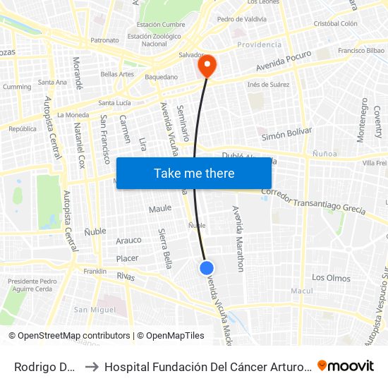 Rodrigo De Araya to Hospital Fundación Del Cáncer Arturo López Pérez Falp map