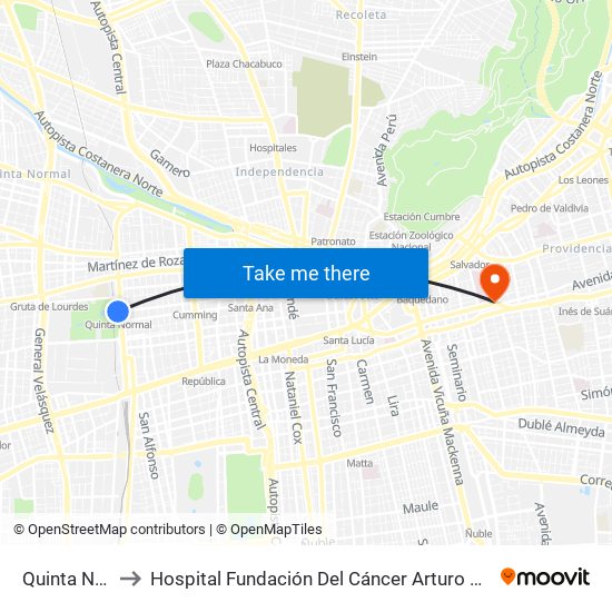 Quinta Normal to Hospital Fundación Del Cáncer Arturo López Pérez Falp map