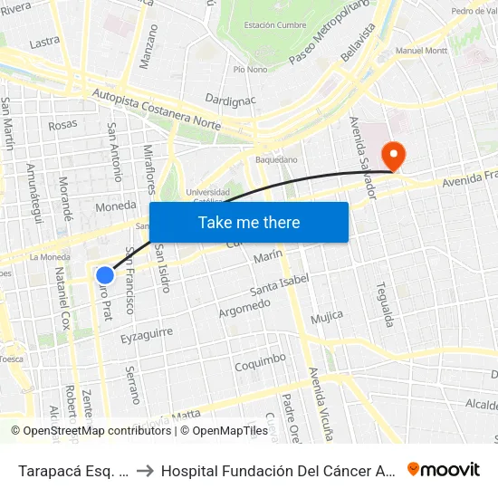 Tarapacá Esq. Arturo Prat to Hospital Fundación Del Cáncer Arturo López Pérez Falp map