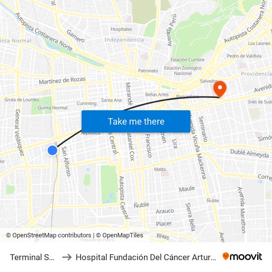 Terminal San Borja to Hospital Fundación Del Cáncer Arturo López Pérez Falp map