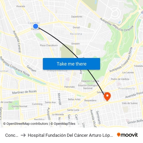 Conchalí to Hospital Fundación Del Cáncer Arturo López Pérez Falp map