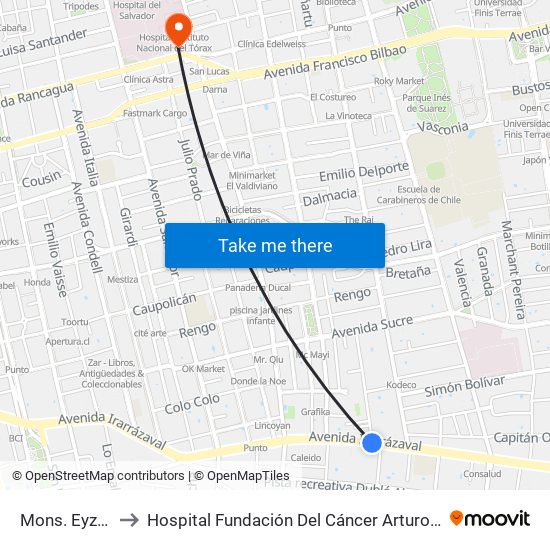 Mons. Eyzaguirre to Hospital Fundación Del Cáncer Arturo López Pérez Falp map