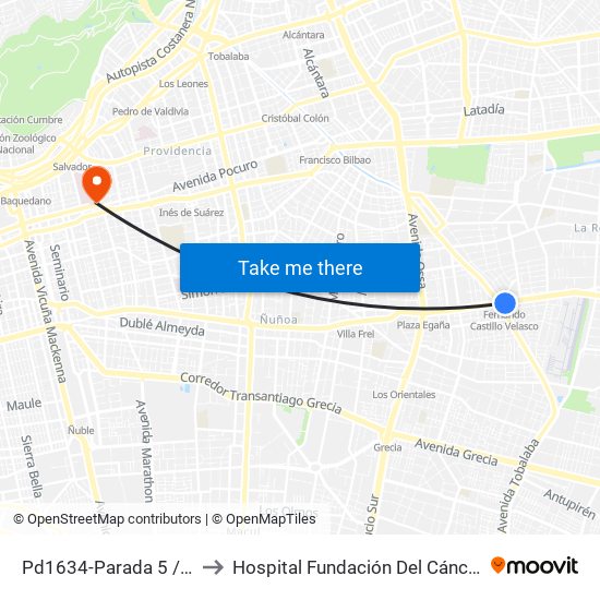 Pd1634-Parada 5 / (M) Fdo.Castillo V. to Hospital Fundación Del Cáncer Arturo López Pérez Falp map