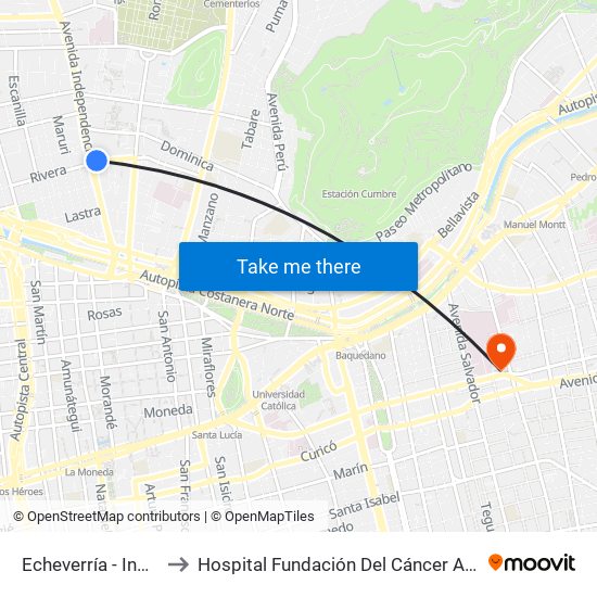 Echeverría - Independencia to Hospital Fundación Del Cáncer Arturo López Pérez Falp map