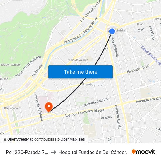 Pc1220-Parada 7 / (M) Tobalaba to Hospital Fundación Del Cáncer Arturo López Pérez Falp map