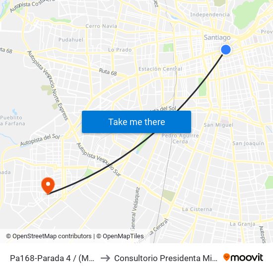 Pa168-Parada 4 / (M) Santa Lucía to Consultorio Presidenta Michelle Bachelet map