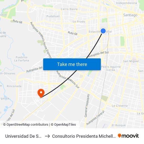 Universidad De Santiago to Consultorio Presidenta Michelle Bachelet map