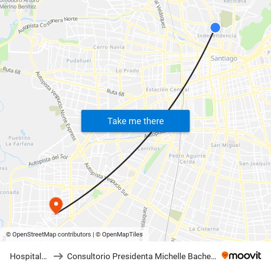 Hospitales to Consultorio Presidenta Michelle Bachelet map