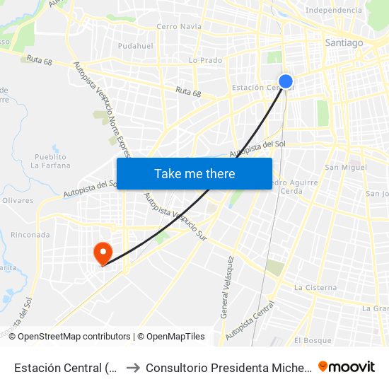 Estación Central (Anden1) to Consultorio Presidenta Michelle Bachelet map
