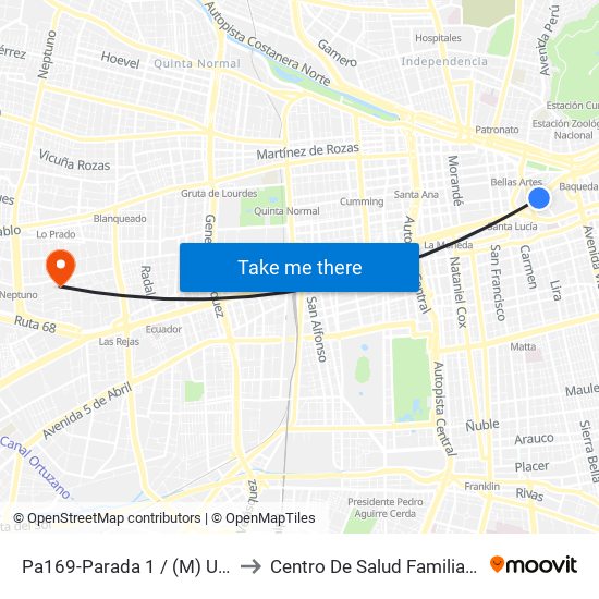 Pa169-Parada 1 / (M) Universidad Católica to Centro De Salud Familiar Doctor Raul Yazigi map