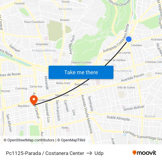 Pc1125-Parada / Costanera Center to Udp map