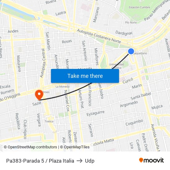 Pa383-Parada 5 / Plaza Italia to Udp map