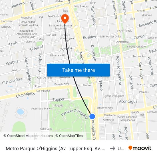 Metro Parque O'Higgins (Av. Tupper Esq. Av. Viel) to Udp map