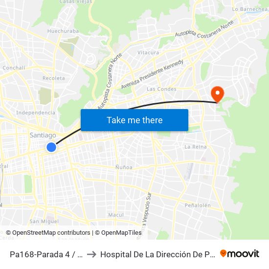 Pa168-Parada 4 / (M) Santa Lucía to Hospital De La Dirección De Previsión De Carabineros map
