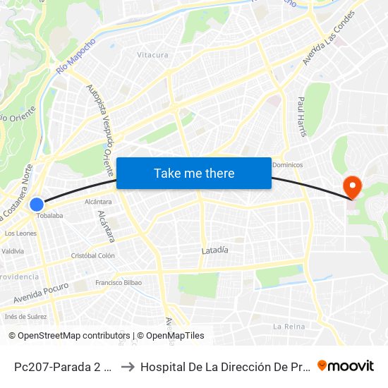 Pc207-Parada 2 / (M) Tobalaba to Hospital De La Dirección De Previsión De Carabineros map